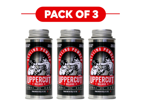 Three cans of Uppercut Deluxe Styling Powder arranged side by side on a white background, with a red banner at the top reading 'PACK OF 3'.