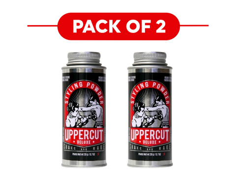 Two cans of Uppercut Deluxe Styling Powder shown side by side under a red banner that reads 'PACK OF 2' on a white background.