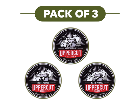 Three round tins of Uppercut Deluxe Matte Poudré hair product arranged on a white background under a dark olive green banner that reads 'PACK OF 3'.