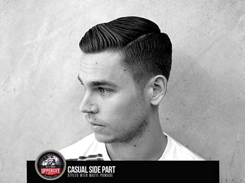 ppercut Deluxe Matte Pomade 100g styled casual side part hairstyle example with matte finish