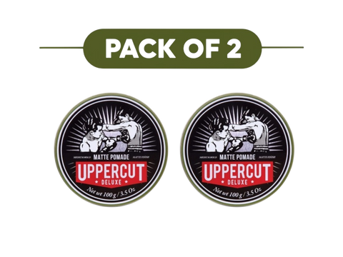 Two round tins of Uppercut Deluxe Matte Pomade shown side by side under a green banner that reads 'PACK OF 2' on a white background.