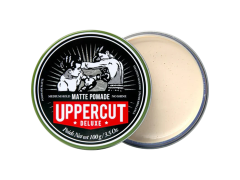Uppercut Deluxe Matte Pomade 100g open top lid view showing product branding and 100g size