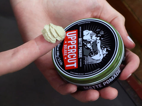 Uppercut Deluxe Matte Pomade 300g open tin showing thick matte pomade texture