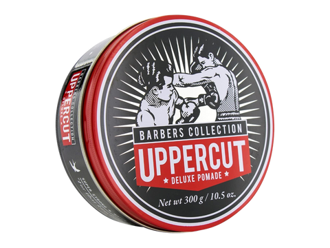 Uppercut Deluxe Pomade 300g front view of large size styling pomade tin with branding