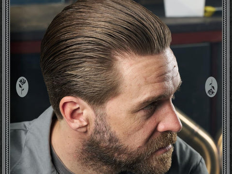 Uppercut Deluxe Resin and Rose Pomade 100g styled slick back hairstyle example with high shine finish