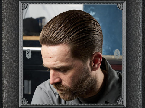 Uppercut Deluxe Resin and Rose Pomade 100g styled slick back hairstyle example with high shine finish
