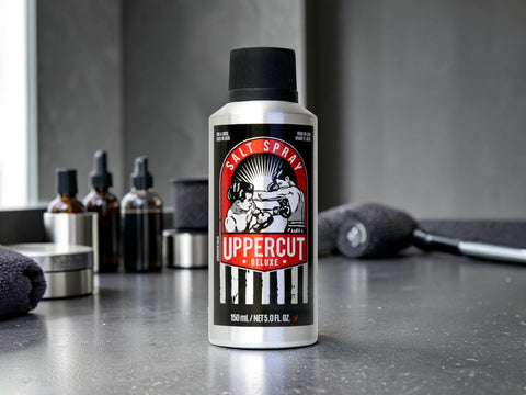 A bottle of Uppercut Deluxe Salt Spray standing on a dark countertop, with blurred grooming products and a towel in the background.