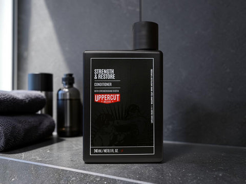 A black rectangular bottle of Uppercut Massage Conditioner with a matching black cap, set on a dark stone countertop with folded towels and other bottles blurred in the background.
