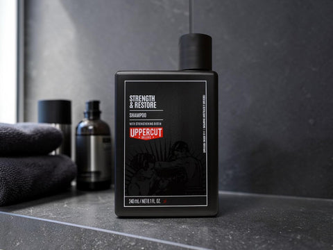 A black rectangular bottle of Uppercut Strength & Restore Shampoo stands on a dark countertop in a bathroom setting, with folded towels and another bottle blurred in the background.