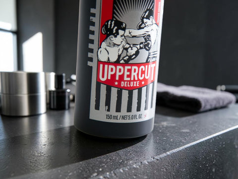 A close-up of a dark gray Uppercut Deluxe 150 mL bottle on a dark countertop, with a blurred gym or bathroom background including a towel and metal containers.