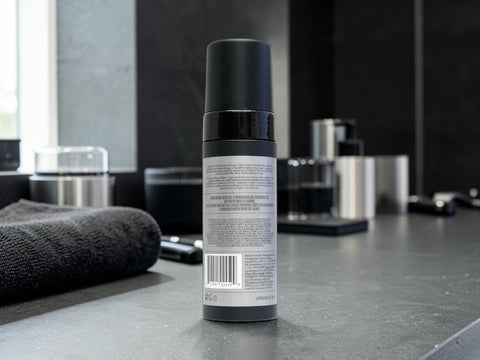 A matte black cylindrical bottle with a white label stands on a dark countertop in a modern bathroom setting with a towel and metallic containers blurred in the background.