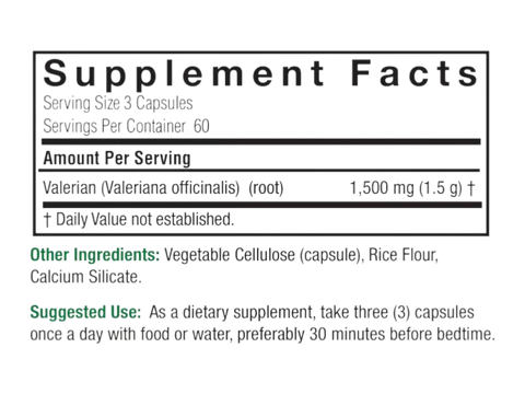 Nature’s Answer Valerian Root Capsules 180 count supplement facts label on a white background