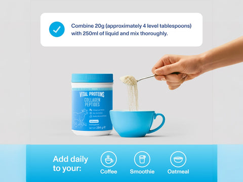How to use image: Vital Proteins collagen peptides unflavoured powder 284g mixing instructions