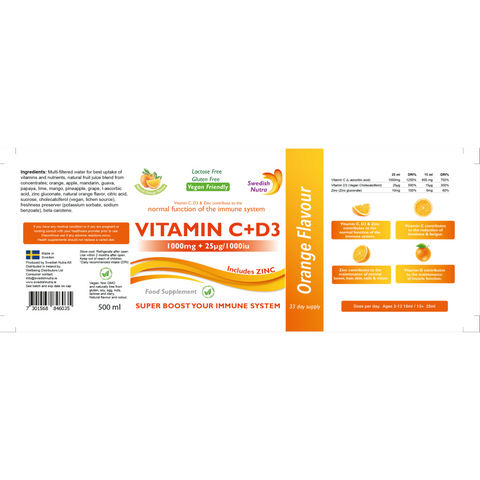 Swedish Nutra Vitamin C D3 Zinc liquid 500ml barcode packaging