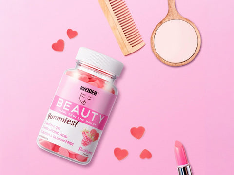 WEIDER Beauty Hair, Skin & Nails Gummies – Raspberry Flavour | 40 Gummies | Biotin + CoQ10 + Hyaluronic Acid