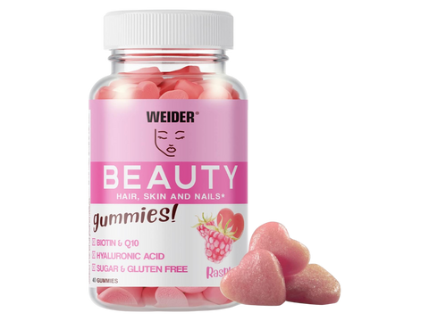 WEIDER Beauty Hair, Skin & Nails Gummies – Raspberry Flavour | 40 Gummies | Biotin + CoQ10 + Hyaluronic Acid