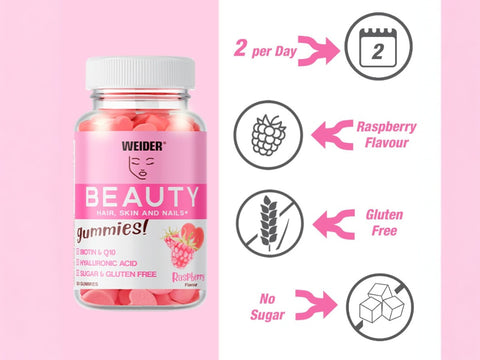 WEIDER Beauty Hair, Skin & Nails Gummies – Raspberry Flavour | 40 Gummies | Biotin + CoQ10 + Hyaluronic Acid
