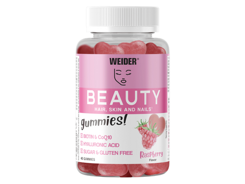 WEIDER Beauty Hair, Skin & Nails Gummies – Raspberry Flavour | 40 Gummies | Biotin + CoQ10 + Hyaluronic Acid