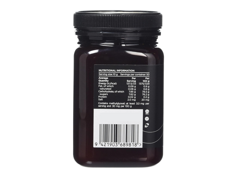 Watson & Son Black Label Manuka Honey MGS10+ (MGO300) 500g jar nutrition information & barcode panel
