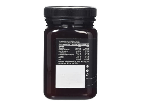 Watson & Son Black Label Manuka Honey MGS12+ (MGO400) 500g jar nutrition information panel