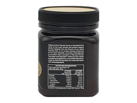 Watson & Son Black Label Manuka Honey MGS16+ (MGO600) 250g jar nutrition information panel