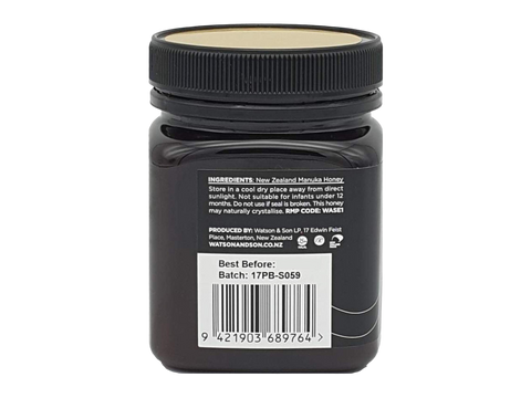 Watson & Son Black Label Manuka Honey MGS16+ (MGO600) 250g jar ingredients and barcode panel
