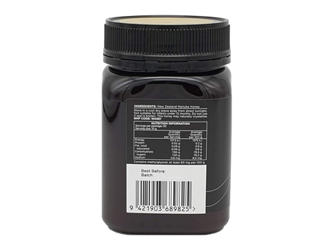 Watson & Son Black Label Manuka Honey MGS16+ (MGO600) 500g jar ingredients and barcode panel