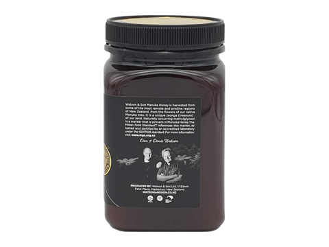 Watson & Son Black Label Manuka Honey MGS16+ (MGO600) 500g jar back label packaging