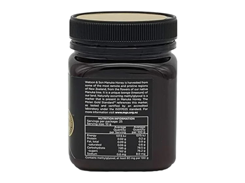 Watson & Son Black Label Manuka Honey MGS20+ (MGO800) 250g jar nutrition information panel