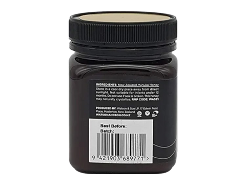 Watson & Son Black Label Manuka Honey MGS20+ (MGO800) 250g jar ingredients and barcode panel