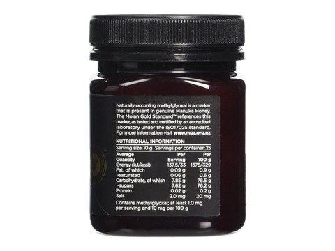 Watson & Son Black Label Manuka Honey MGS5+ (MGO100) 250g jar nutrition information panel
