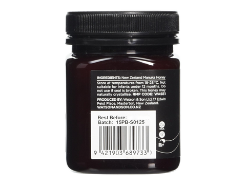 Watson & Son Black Label Manuka Honey MGS5+ (MGO100) 250g jar ingredients and barcode panel