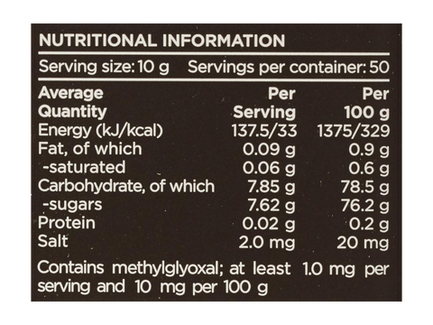Watson & Son Black Label Manuka Honey MGS5+ (MGO100) 500g jar nutrition information panel