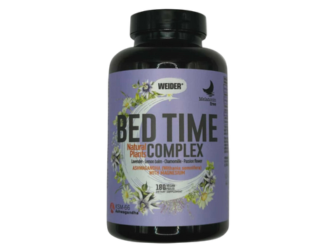 Weider Bed Time Natural Complex bottle, featuring Ashwagandha KSM-66, Lavender, Lemon Balm, Chamomile, and Passion Flower.