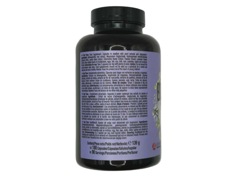 Supplement facts panel and ingredients list for Weider Bed Time Natural Complex capsules on white background.