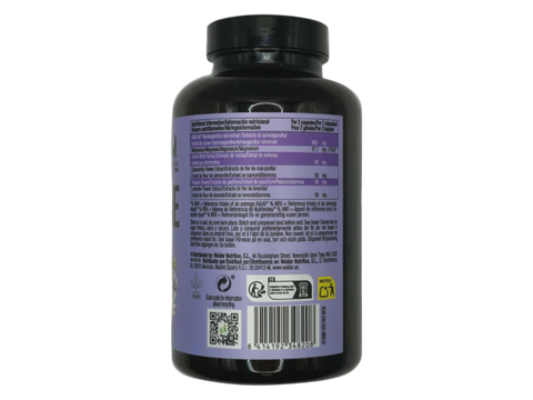Supplement facts panel and ingredients list for Weider Bed Time Natural Complex capsules on white background.