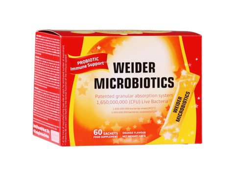 Front: Weider Microbiotics Immune Support probiotic box with 60 single-dose sachets, orange flavour, on white background.