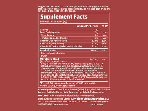 Weider Microbiotics Probiotic - 15 Live Strains with Vitamin C - 60 Sachets supplement facts