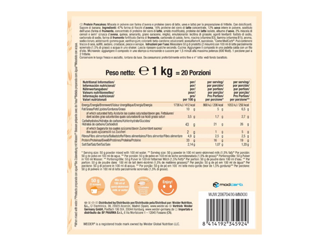 Nutritional information, barcode and ingredients list on the Weider pancake mix tub.