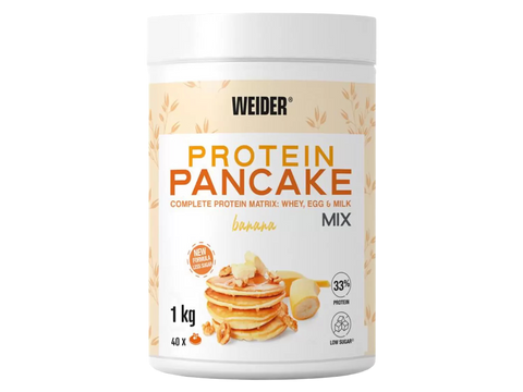 Weider Protein Pancake Mix Banana Flavour 1kg plastic tub on white background.