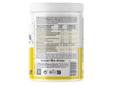 Nutritional label on a supplement container with white and yellow design.