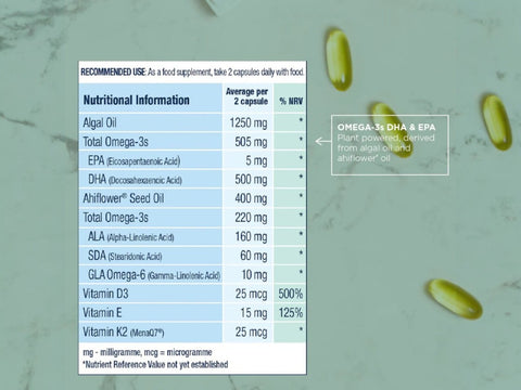 Wiley's Finest CatchFree vegan omega-3 softgels supplement facts panel 60 softgels