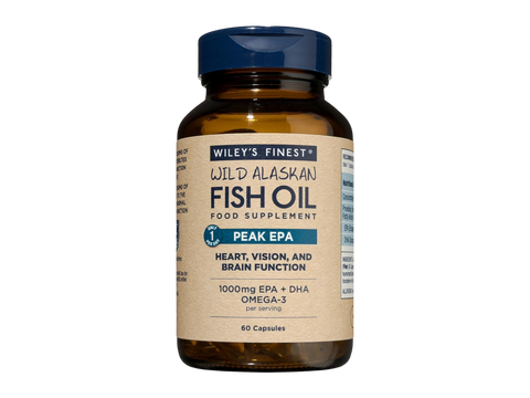 Front image: Wiley’s Finest Peak EPA wild alaskan fish oil capsules bottle 60 count