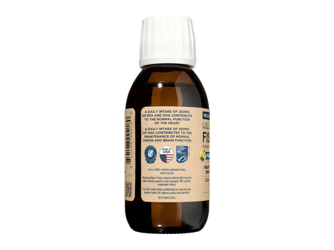 Back image: Wiley’s Finest Wild Alaskan fish oil supplement facts bottle 125ml