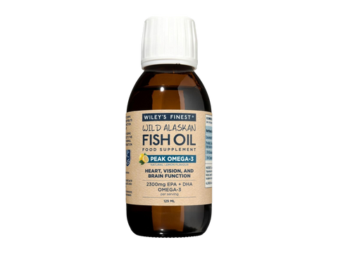 Front image: Wiley’s Finest Wild Alaskan fish oil liquid lemon flavour bottle 125ml