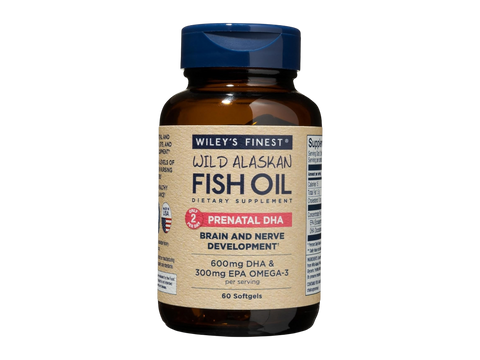 Front Image: Wiley's Finest Prenatal DHA omega-3 fish oil 60 softgels bottle front