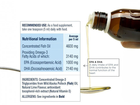 Wiley's Finest Summit DHA omega-3 liquid supplement facts panel natural lime flavour 125ml