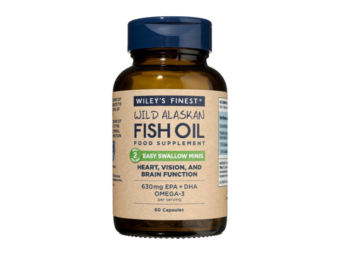 Front image: Wiley’s Finest Wild Alaskan fish oil easy swallow minis softgels bottle 60 count