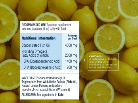 Wiley's Finest Peak Omega-3 liquid fish oil supplement facts panel lemon 250ml