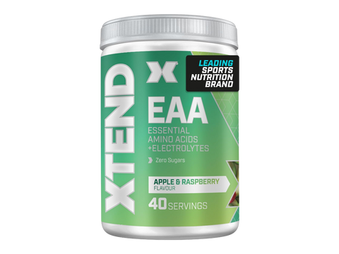 Container of XTEND EAA supplement with green and white design on a white background